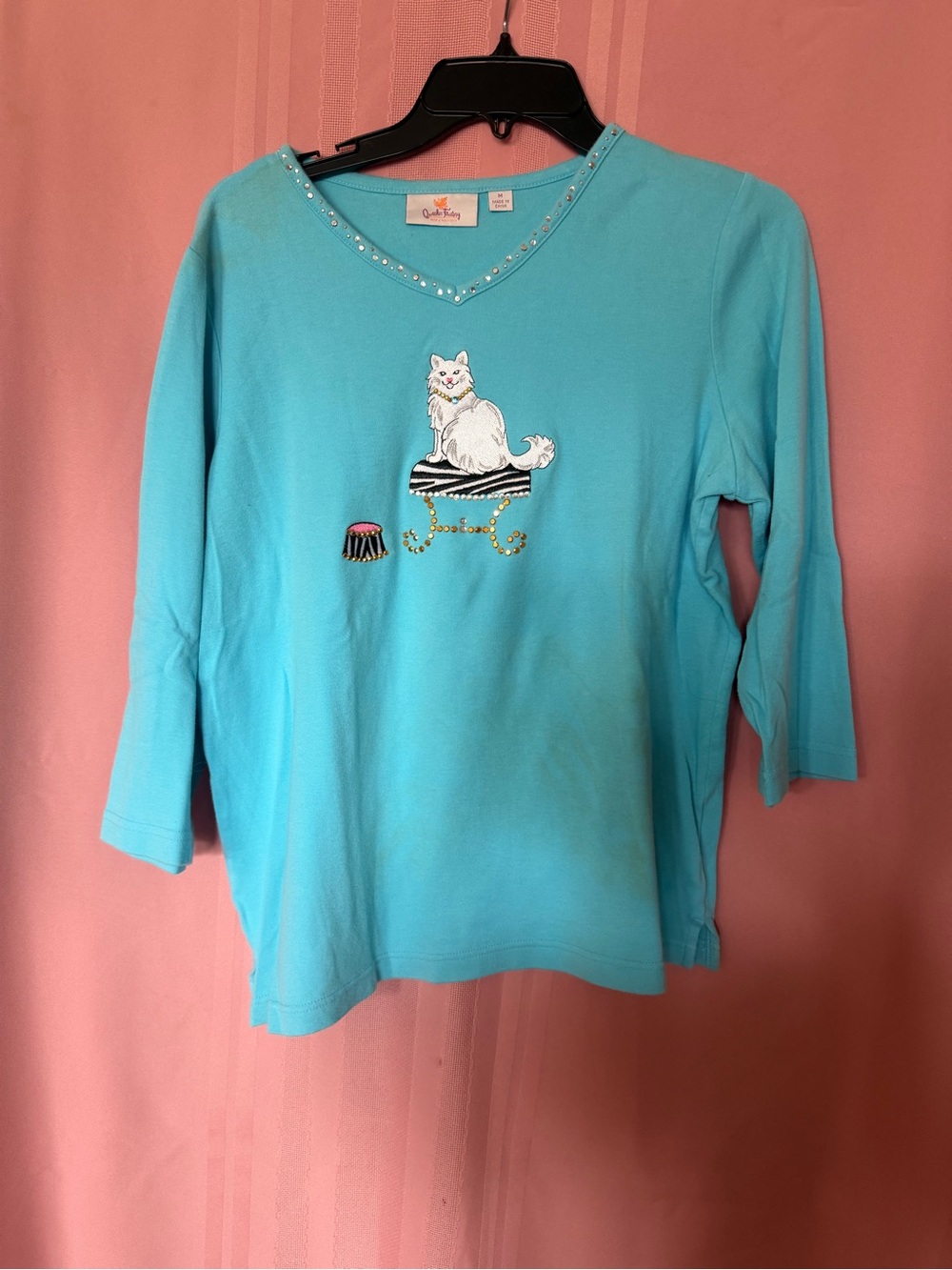 Quacker Factory Turquoise Cat Embroidered Tunic